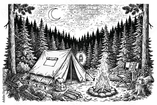 black and white vector tent camping scene