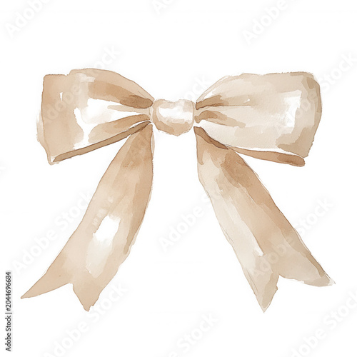 Stylish watercolor ribbon bow in neutral beige color, perfect for gift wrapping and background transparent holidays, celebrating