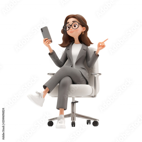 3d character businesswoman seeing surprising content on smartphone. Exploring mobile apps and digital technology concepts
