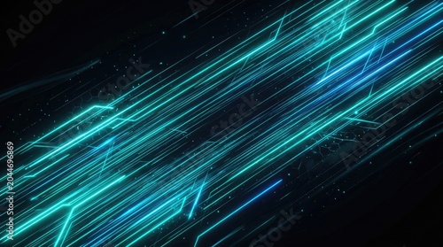 Glowing cyan light trails representing high-speed data transfer on a dark abstract background.