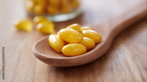 Bright yellow capsules in a wooden spoon, symbolizing health, wellness, and medicine, set against a warm, natural wood background. Focus on holistic care