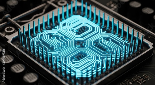 Close-up of a glowing blue futuristic microchip on a dark circuit board, representing advanced technology and artificial intelligence.