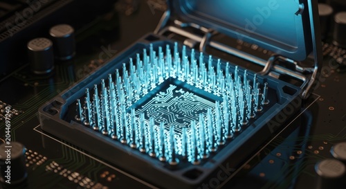 Close-up of a CPU socket with glowing blue pins on a motherboard, symbolizing advanced technology and computing power.