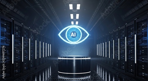 AI Eye in Server Room - Artificial Intelligence and Data Processing.