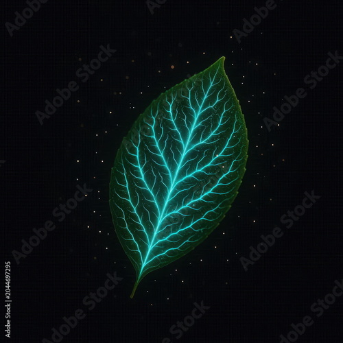 Ethereal Bioluminescent Chacruna Leaf Revealing Glowing Neural Pathways