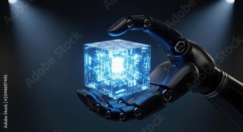 Robot Hand Holding Glowing Digital Cube in Dark Background.
