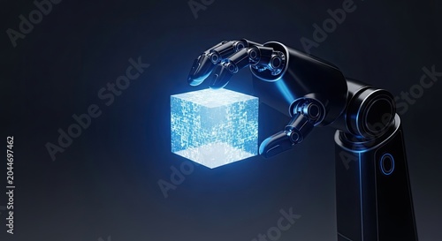 Robotic Arm Holding Glowing Digital Cube Representing Advanced Technology.