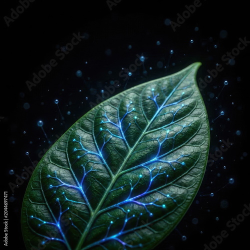 Ethereal Bioluminescent Chacruna Leaf Revealing Glowing Neural Pathways