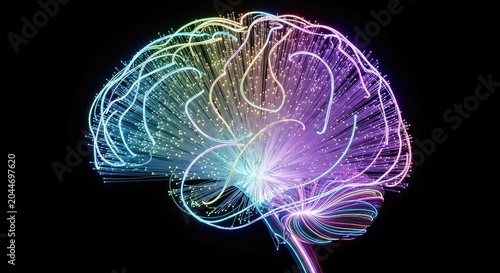 Vibrant Glowing Human Brain Illustration on Black Background.
