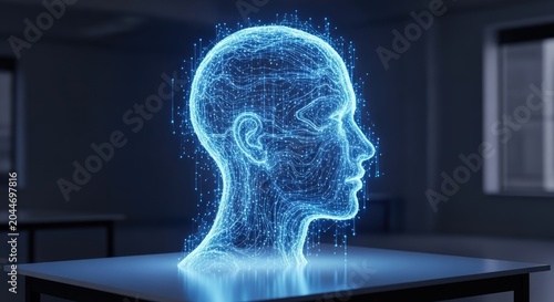 Digital Human Head Hologram in a Dark Room Representing AI and Technology.