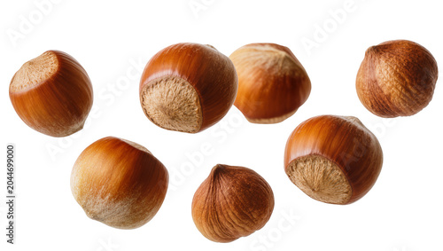 Fotografie Seven whole hazelnuts with brown shells scattered