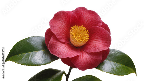 Obraz na plátne Red Camellia flower with yellow stamen and green leaves