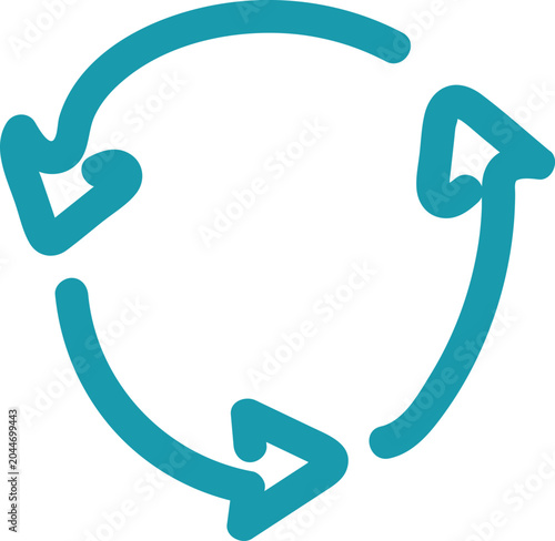 Minimalist teal recycling icon with three circular arrows symbolizing sustainability, process flow, and continuous movement.