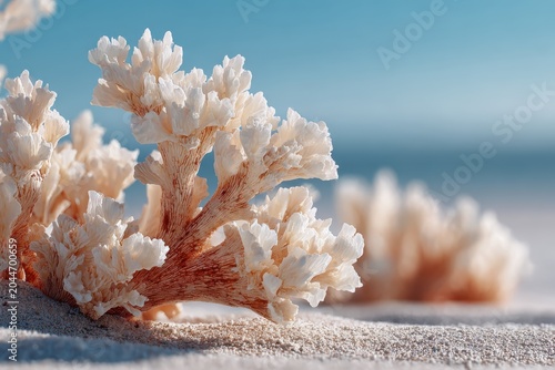 Delicate Coral on Sandy Shore: A close-up of delicate white coral resting on fine sand, with a blurred ocean and sky in the background, evoking a sense of serene coastal beauty and marine life.