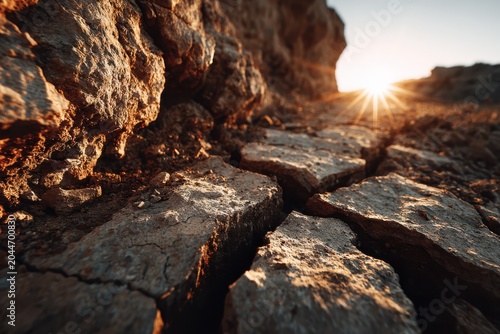 Cracked Earth at Sunset: Arid, parched earth cracks under the intense heat of a setting sun, creating a dramatic landscape that speaks of drought and resilience.