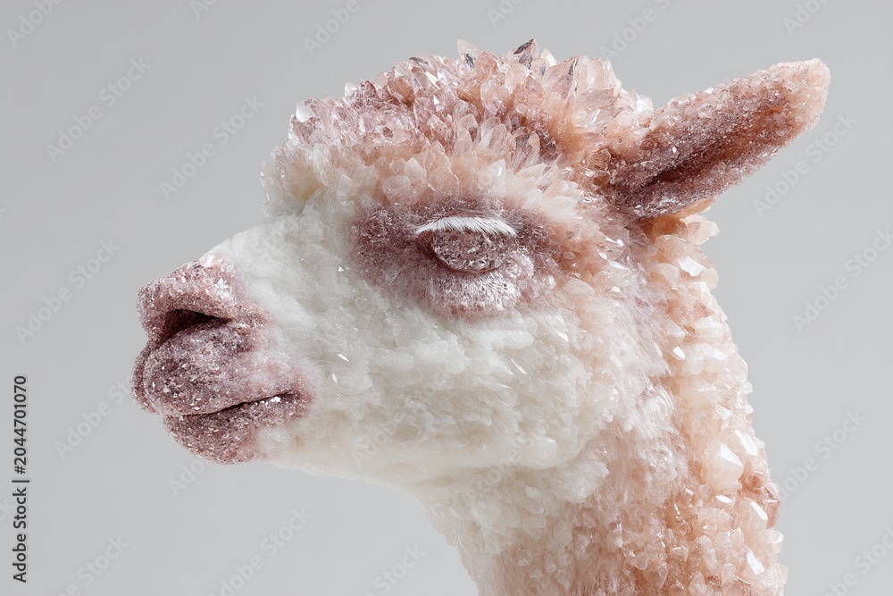 Fototapeta premium Close up alpaca head covered with delicate crystal formations