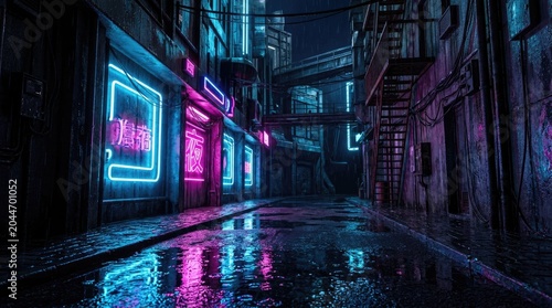 Cyberpunk city street at night with neon lights reflecting on wet pavement, futuristic urban landscape.