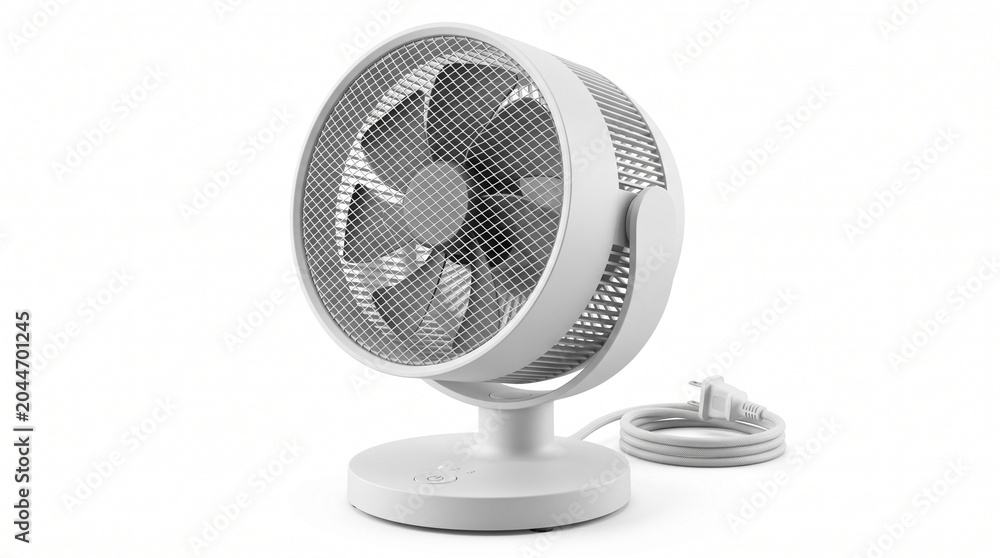 Naklejka premium Modern White Desktop Electric Cooling Fan for Home and Office Air Circulation with Compact Design and Adjustable Tilt Mechanism