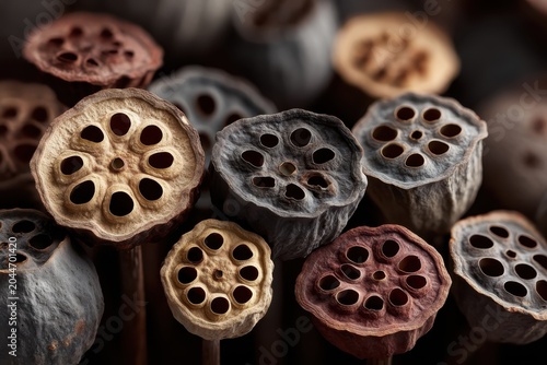 Dried Lotus Pods: A close-up, artistic arrangement of dried lotus seed pods, showcasing their intricate, natural structure and varied earthy tones, evoking a sense of organic beauty and rustic charm.