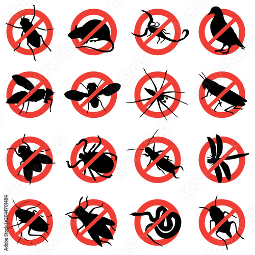 Pest Control Signs Collection, Silhouettes of Insects and Rodents