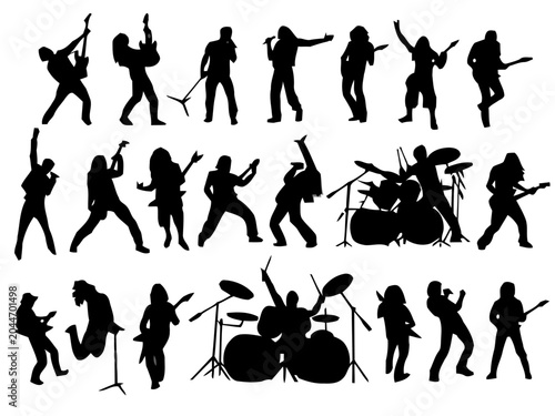 Rock band musicians silhouettes set, dynamic performance on white