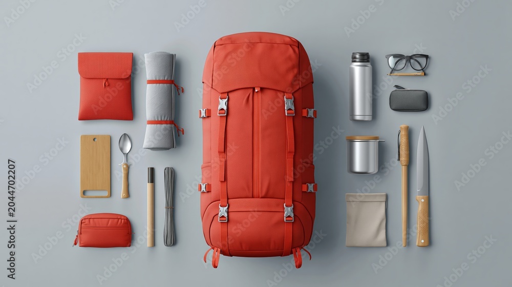 Fototapeta premium trip preparation and organization. organized travel gear. Red backpack surrounded by camping gear, utensils, and accessories on a gray background