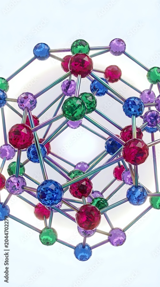 Obraz premium Colorful molecular structure with translucent spheres in blue, green, purple, and magenta connected by metallic rods on white background. Suitable for science, chemistry, and educational materials.