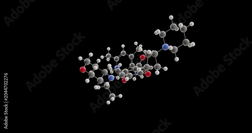Igermetostat molecule, rotating 3D model of small molecule drug, looped video on a black background
