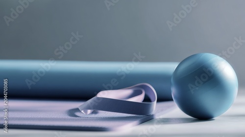 school sports and activity. Blue exercise ball, yoga mat, and resistance band arranged on a light surface with a soft gradient background