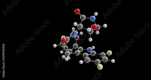 Inaxaplin molecule, rotating 3D model of investigational drug, looped video on a black background
