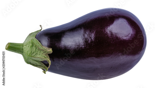 Schilderij op canvas Dark purple eggplant with green stem and calyx