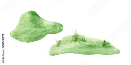 Watercolor set of green grassy hills isolated on white background. Hand drawn landscape elements for kids' book illustrations, nature-themed designs and spring garden-themed projects.