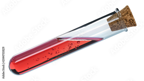 Obraz na plátně Glass test tube with red liquid and bubbles, cork stopper