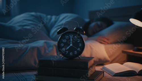 Schilderij op canvas A close-up shot of an alarm clock set to 8 o'clock resting on a stack of books, with a person sleeping soundly in a dark, cozy bedroom in the background
