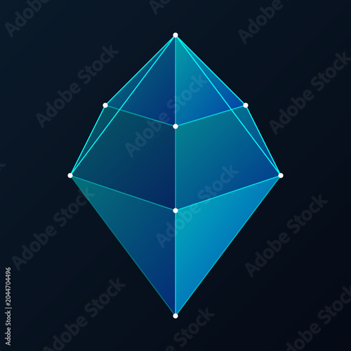 Quadro su tela Abstract blue wireframe gemstone octahedron with glowing nodes and geometric mesh against a dark background