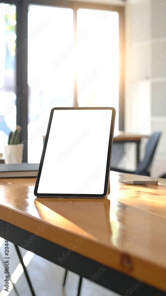 Naklejka premium Blank Tablet Standing on Wooden Desk in Sunlit Modern Office