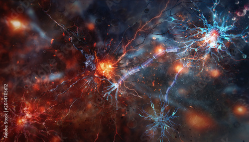 Foto Neural activity showing damaged and active neurons with synaptic connections, electrical impulses, and inflammatory processes in the brain