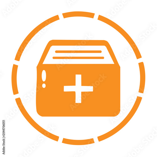 Orange medical box icon with plus sign on white background