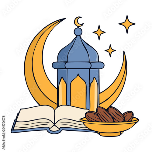 Ramadan symbols: crescent moon, lantern, book, dates, stars