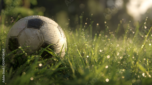 close up soccer ball on grass with morning dew, sharp focus, photorealistic, studio lighting, high detail