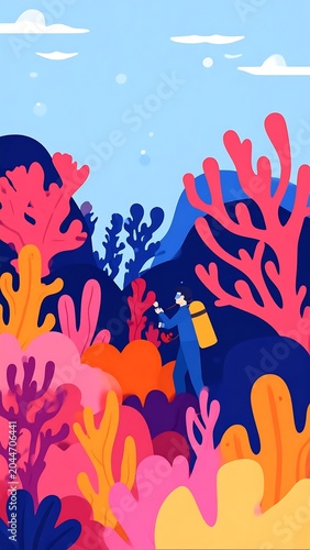 Colorful Scuba Diver Exploring Vibrant Coral Reef Underwater Seascape