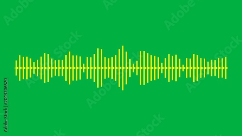 Audio waveform pulses with vibrant green vertical bars against a solid background to represent sound frequencies and digital data visualization in modern media.