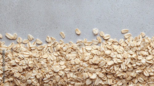 Rolled oats spread on grey surface top down flat lay