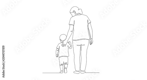 Quadro su tela Mother holding child's hand, continuous line drawing, family bond, motherhood, t