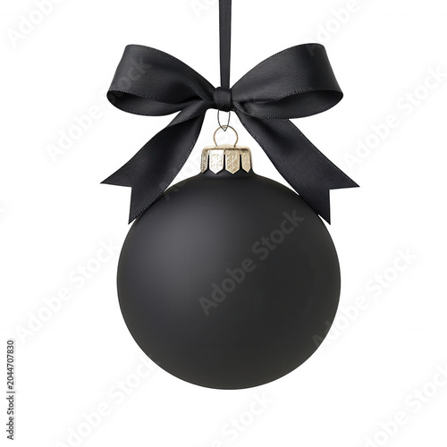Black christmas bauble hanging with glitter ribbon, celebrating festive holidays minimalist style