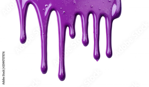 Purple paint dripping creating abstract liquid flow and glossy with background transparent drops