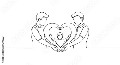 Gay couple forming heart shape with child inside, continuous line art, love and family concept.
