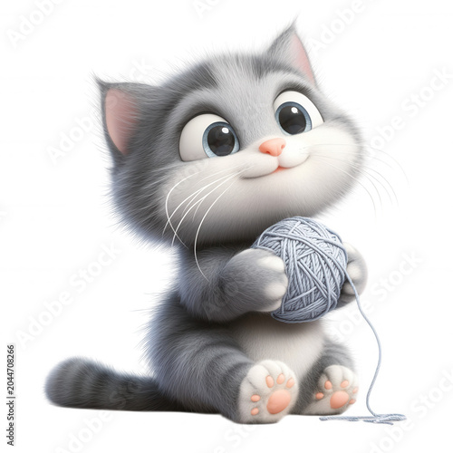 Cute animated kitten playing with yarn ball, looking curious and expressive with transparent eyes, background big