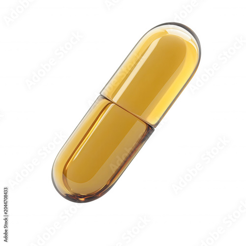 Transparent gel capsule containing golden liquid, symbolizing healthy living, medical treatment, or wellness