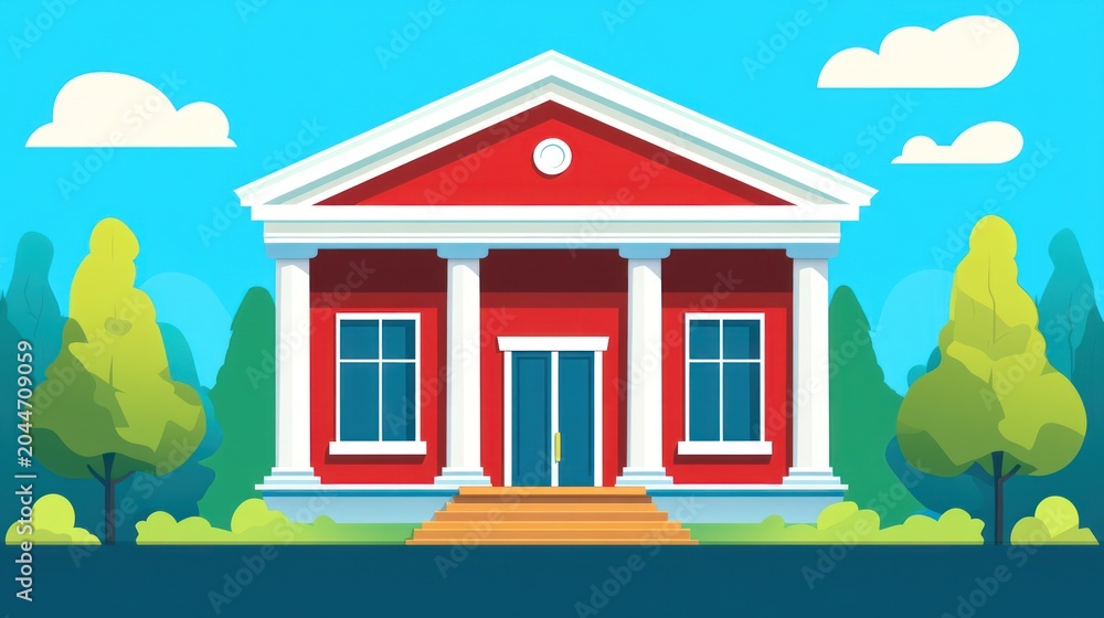 Fototapeta premium Cartoon illustration of a red building with columns under a blue sky backdrop